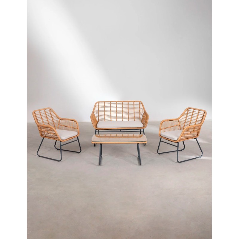 Salon de jardin 4 places en rotin beige