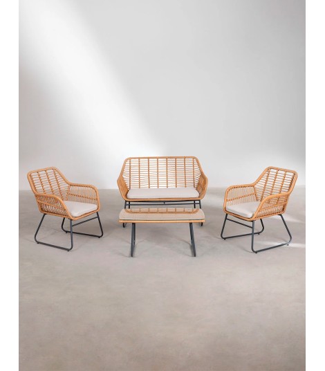 Salon de jardin 4 places en rotin beige